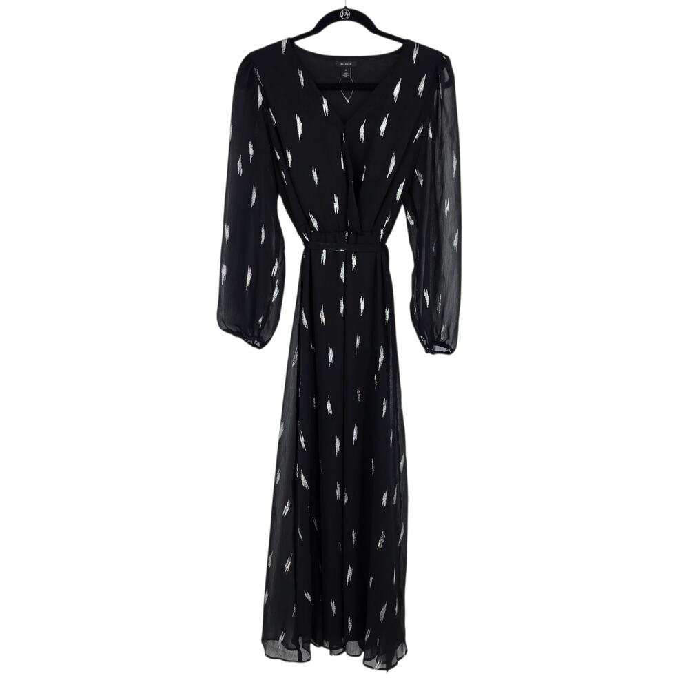 NWOT Halogen Black Metallic Dot Long Sleeve Faux Wrap Chiffon Maxi Dress Size M